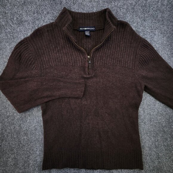 ExOfficio Mens Medium 1/4 Zip Sweater Brown Long Sleeve Nylon Wool Soybean Blend - Picture 2 of 7